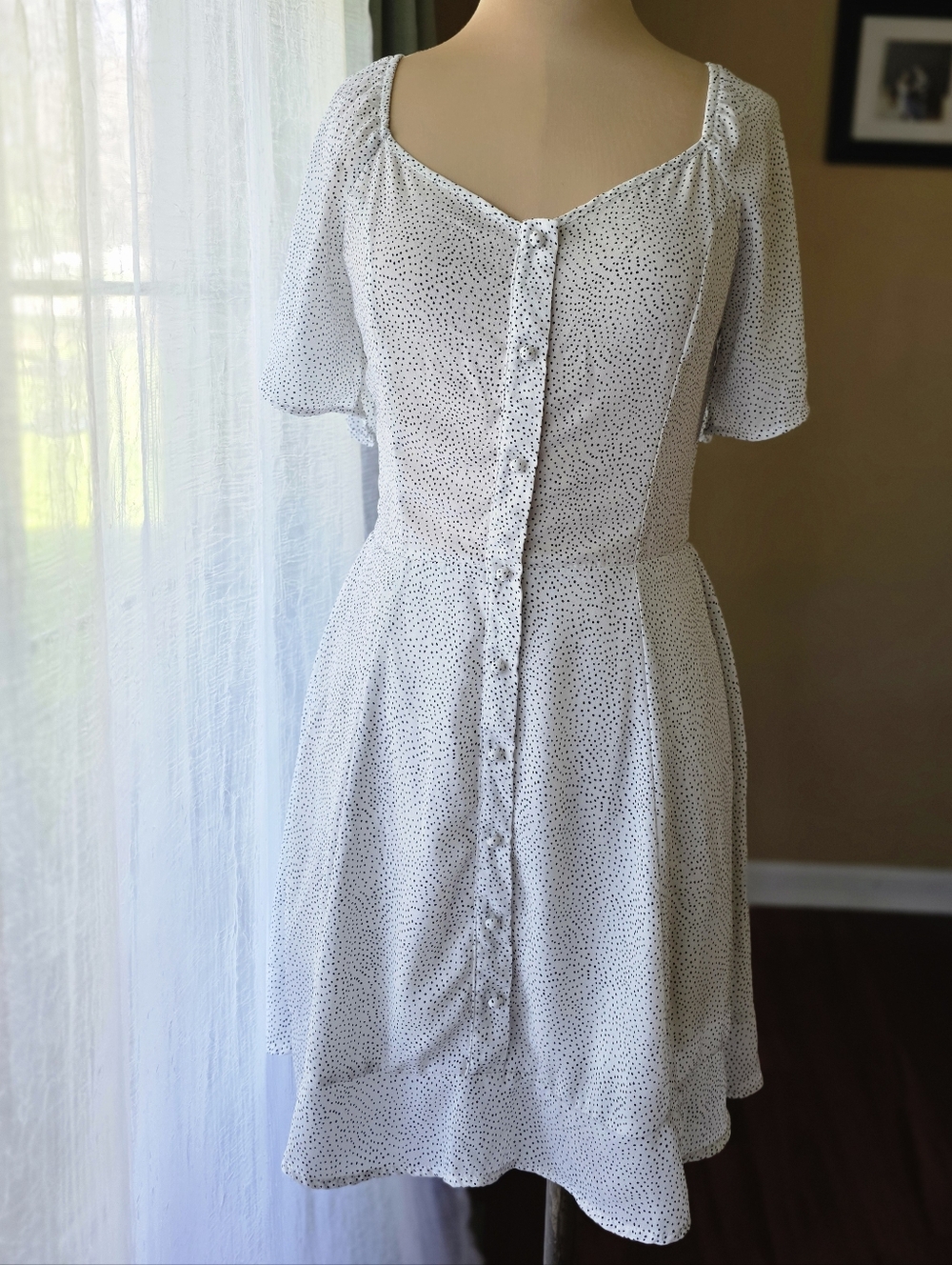 Sienna Sky Polka Dot Mini Dress M Button Front Sweetheart Fit Flare‎ Puff Sleeve